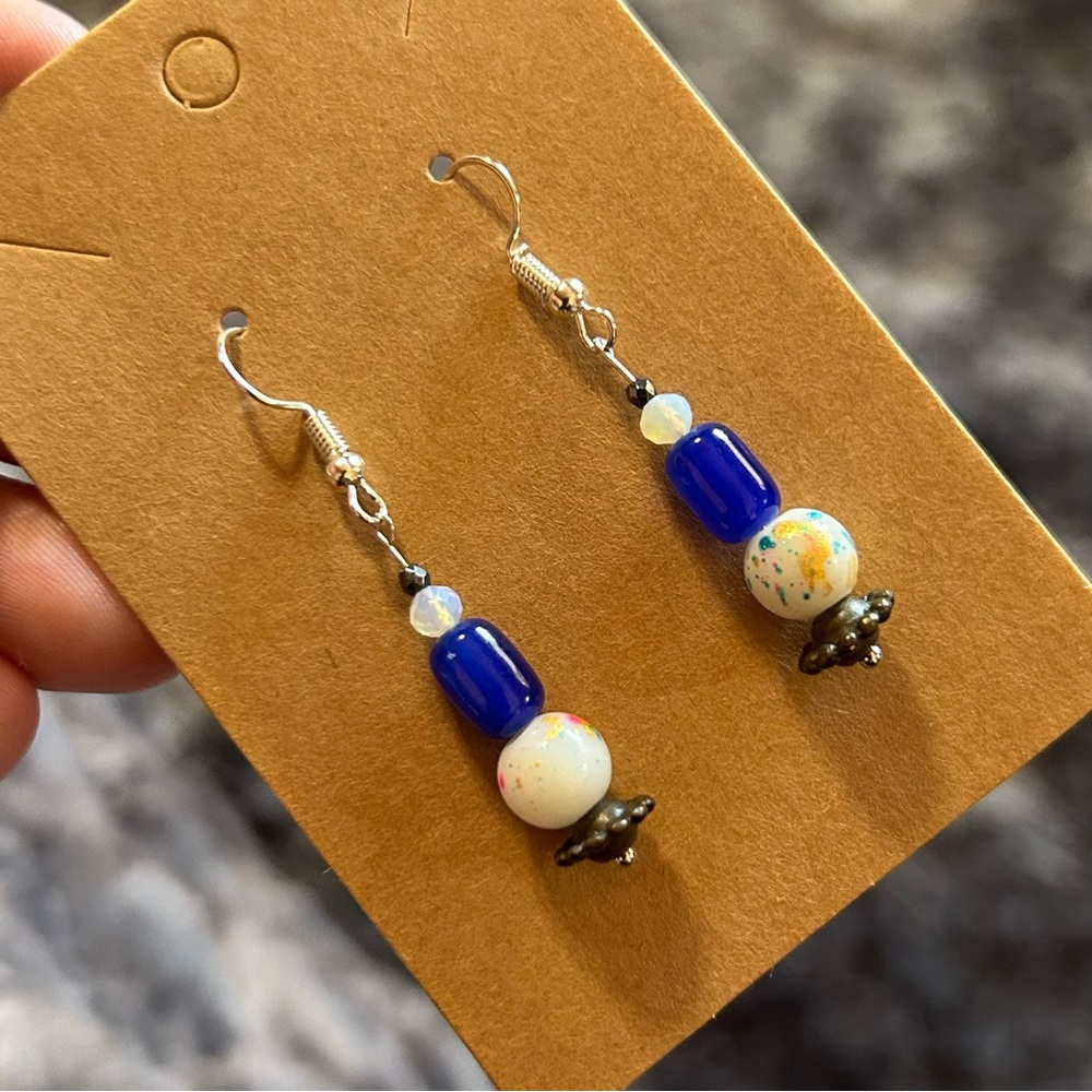 Handcrafted elegant painted bead cat eye glass barrel faceted hematite earrings